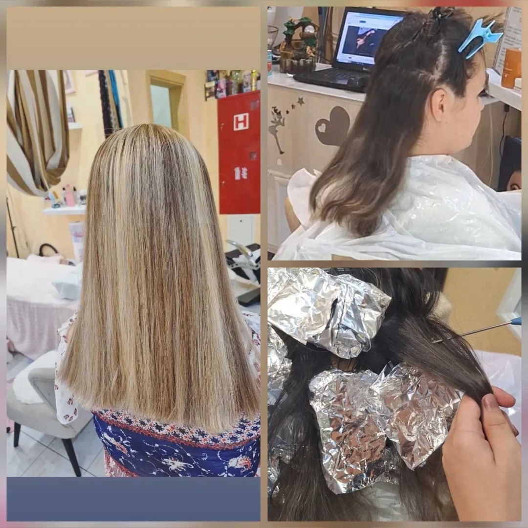 Povrsinski pramenovi na foliju + žensko šišanje + feniranje - srednje duga kosa - Poezija ljepote, Sarajevo Farbanje kose Frizerski saloni Farbanje kose, Sarajevo, Novo Sarajevo - Novi Grad